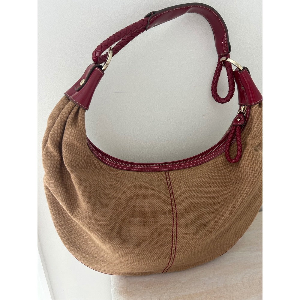 Liz Claiborne Tan Canvas Burgundy Patent Leather Braided Strap Hobo Bag - Picture 8 of 9